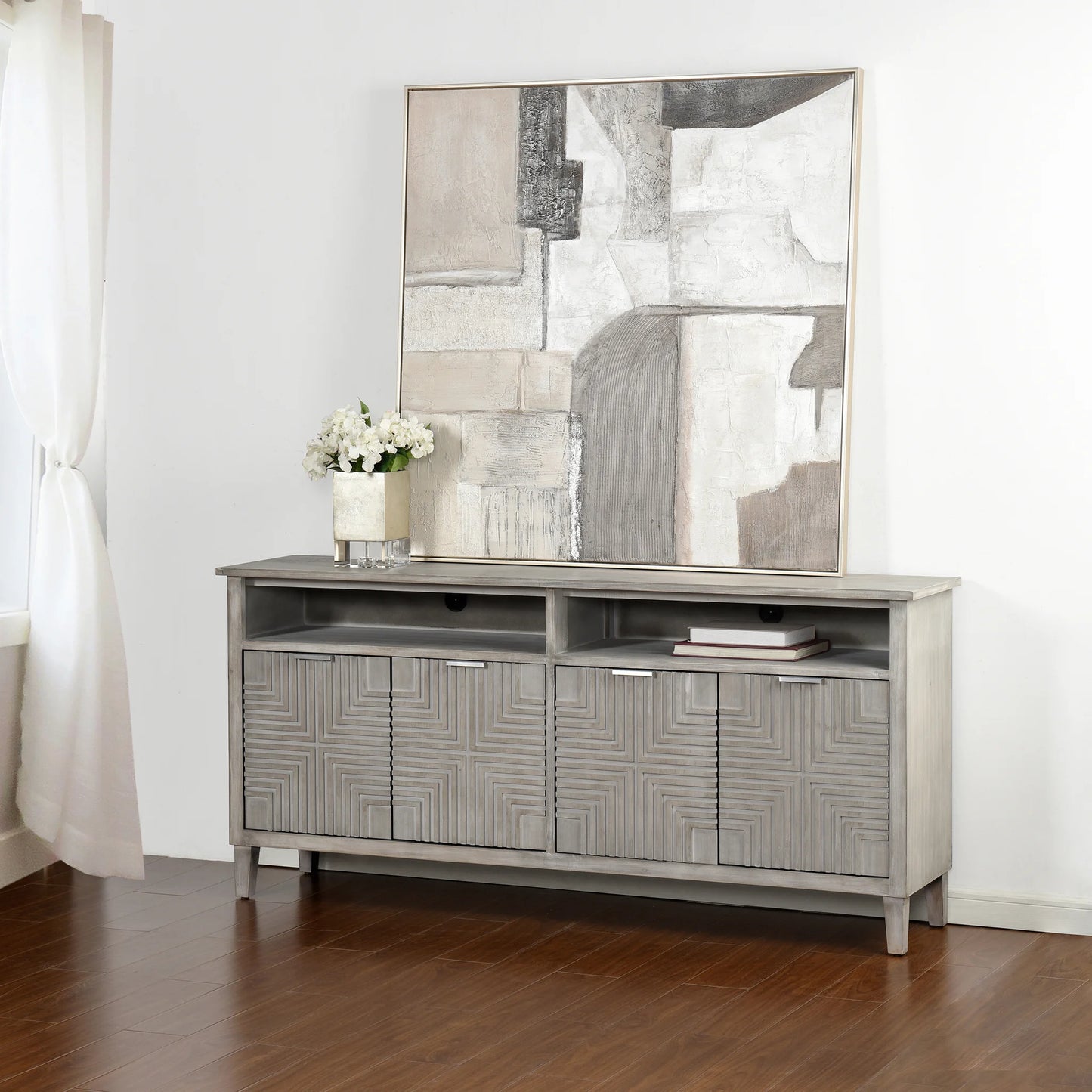Quadrant Cadenza Four Geometric Patterned Door Cabinet Brushed Gray Finish Stylish Storage Solution