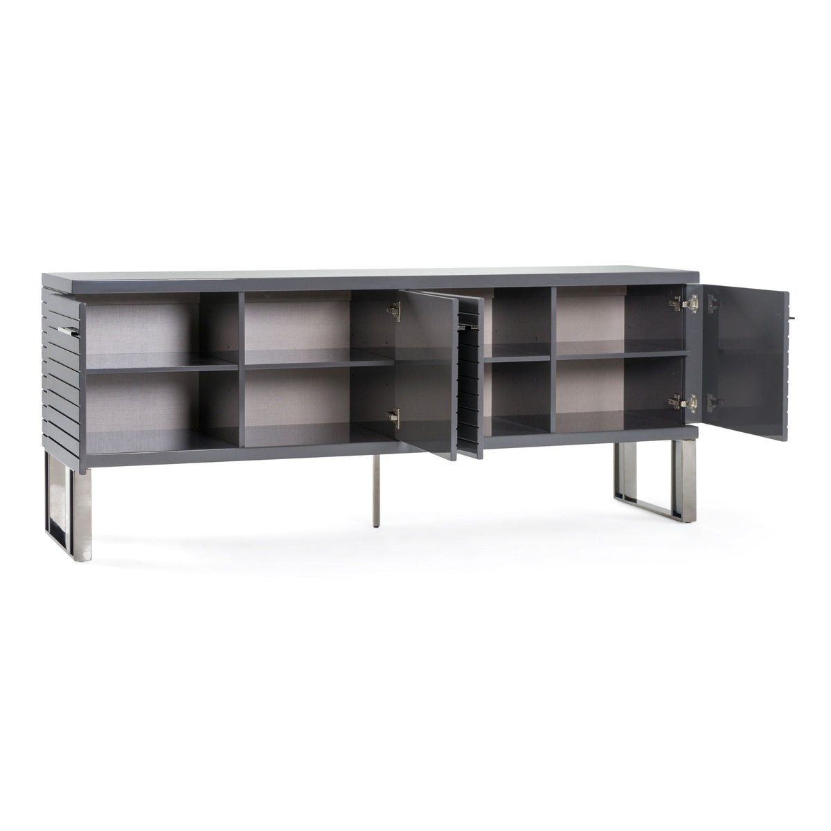 Splendor Grey High Gloss Slatted Four‑Door Buffet with Gunmetal Accents