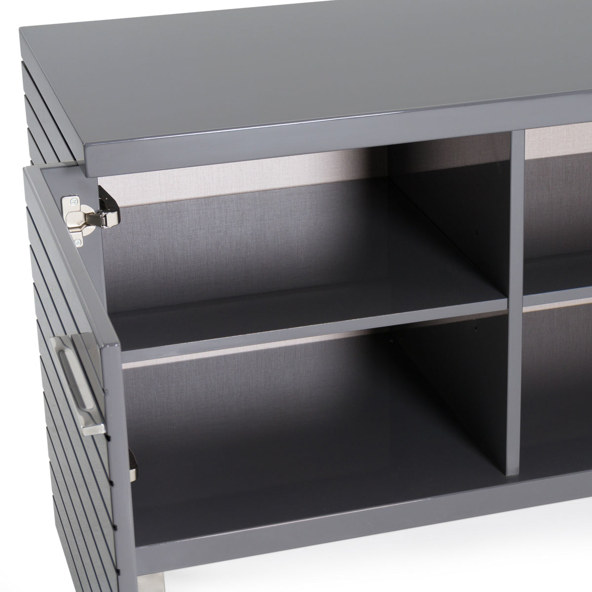 Splendor Grey High Gloss Slatted Four‑Door Buffet with Gunmetal Accents