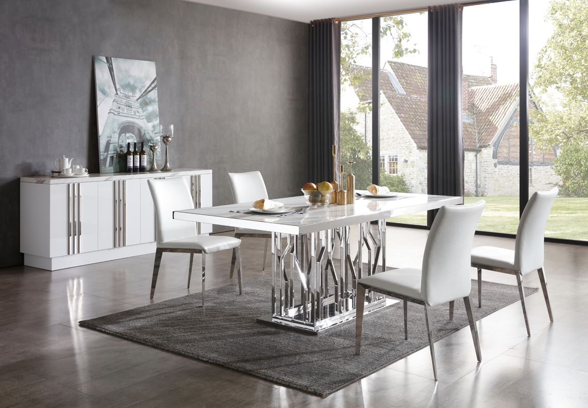 Marston Modern Dining Table β White Marble Top with Stainless Steel Base