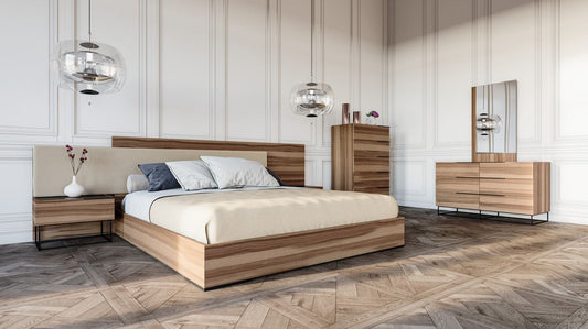 Nova Domus Matteo Italian Modern Walnut & Fabric Bed Set with 2 Nightstands & Dresser - Elegant Bedroom Collection