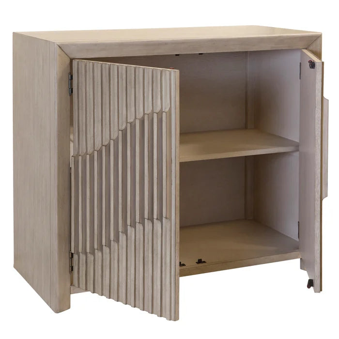 Bridge Rail Two Door Cabinet with Piano Key Door Fronts Made of Solid Pine and Oak Veneer in a Taupe Finish for Elegant Storage