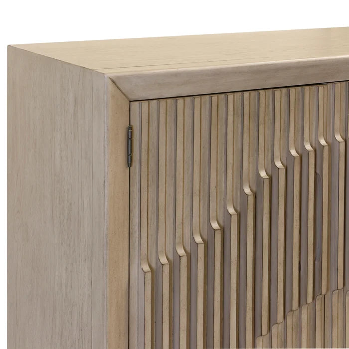 Bridge Rail Two Door Cabinet with Piano Key Door Fronts Made of Solid Pine and Oak Veneer in a Taupe Finish for Elegant Storage