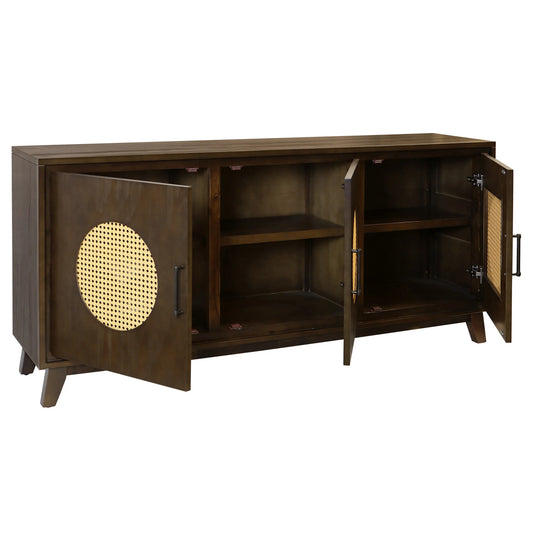 Mahogany and Rattan MCM ThreeβDoor Sideboard