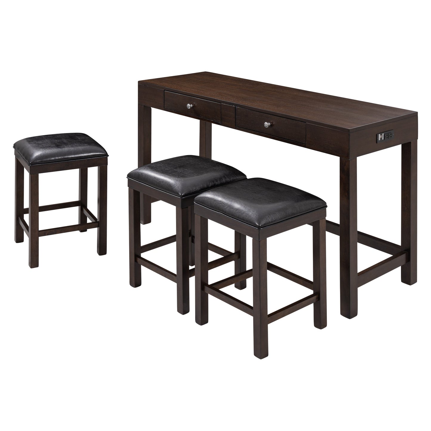 Bari 4-Piece Espresso Counter Height Table Set with Socket and Leather Padded Stools