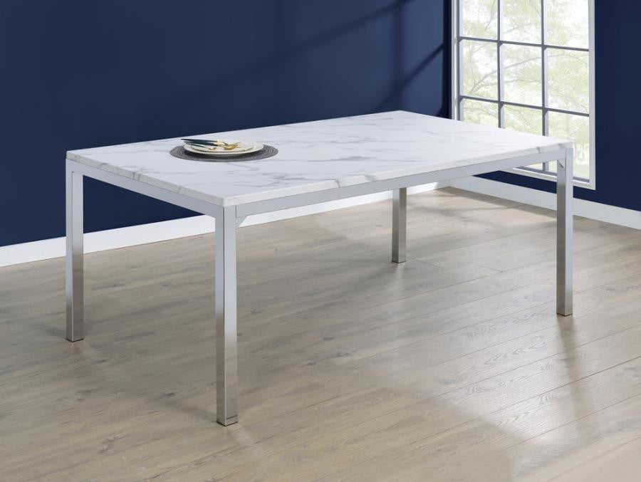 Athena Rectangle Dining Table with Marble Top and Chrome β Sleek, Modern Elegance for Your Dining Room