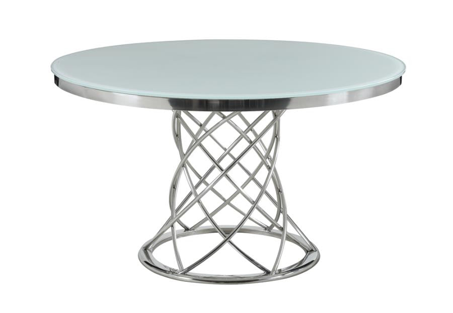 Irene Round Glass Top Dining Table White and Chrome β Modern Elegance with Sleek, Contemporary Design