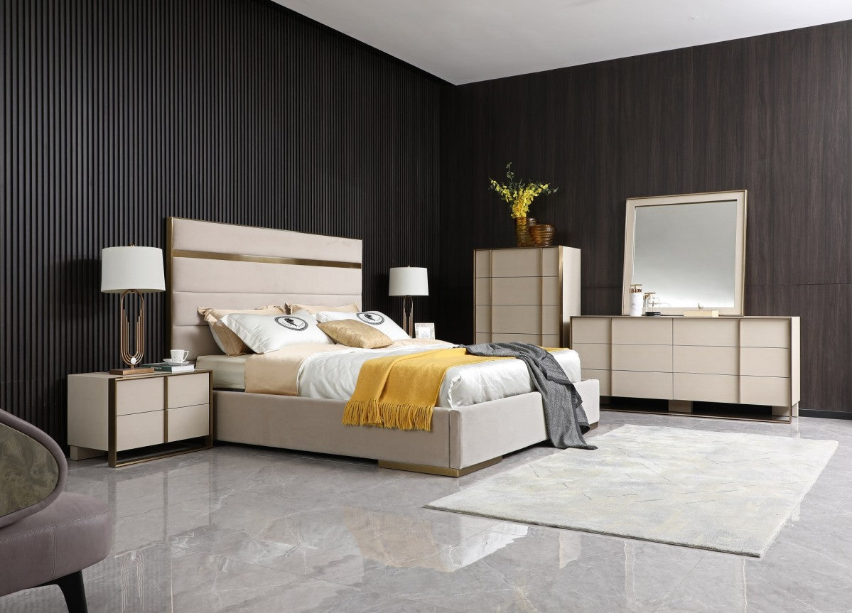 Modrest Cartier - Modern Beige Velvet and Brushed Brass Bed - Stylish Design Furniture