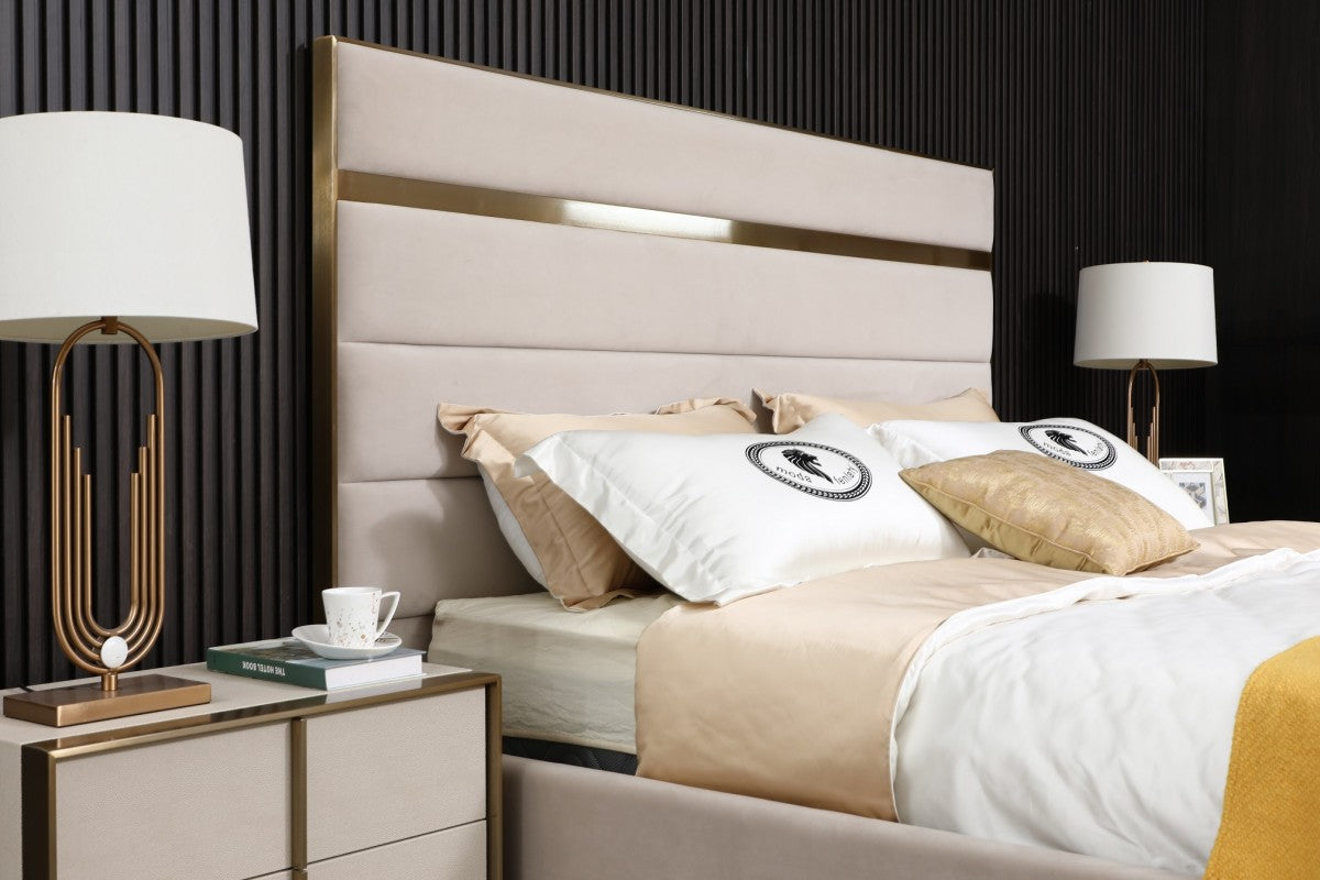 Modrest Cartier - Modern Beige Velvet and Brushed Brass Bed - Stylish Design Furniture