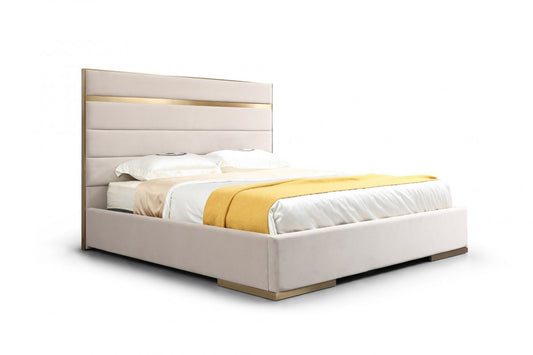 Modrest Cartier - Modern Beige Velvet and Brushed Brass Bed - Stylish Design Furniture