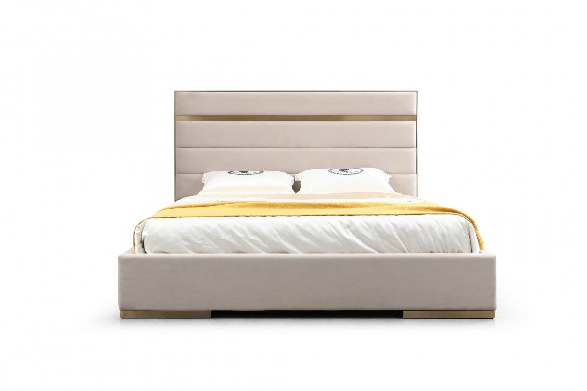 Modrest Cartier - Modern Beige Velvet and Brushed Brass Bed - Stylish Design Furniture