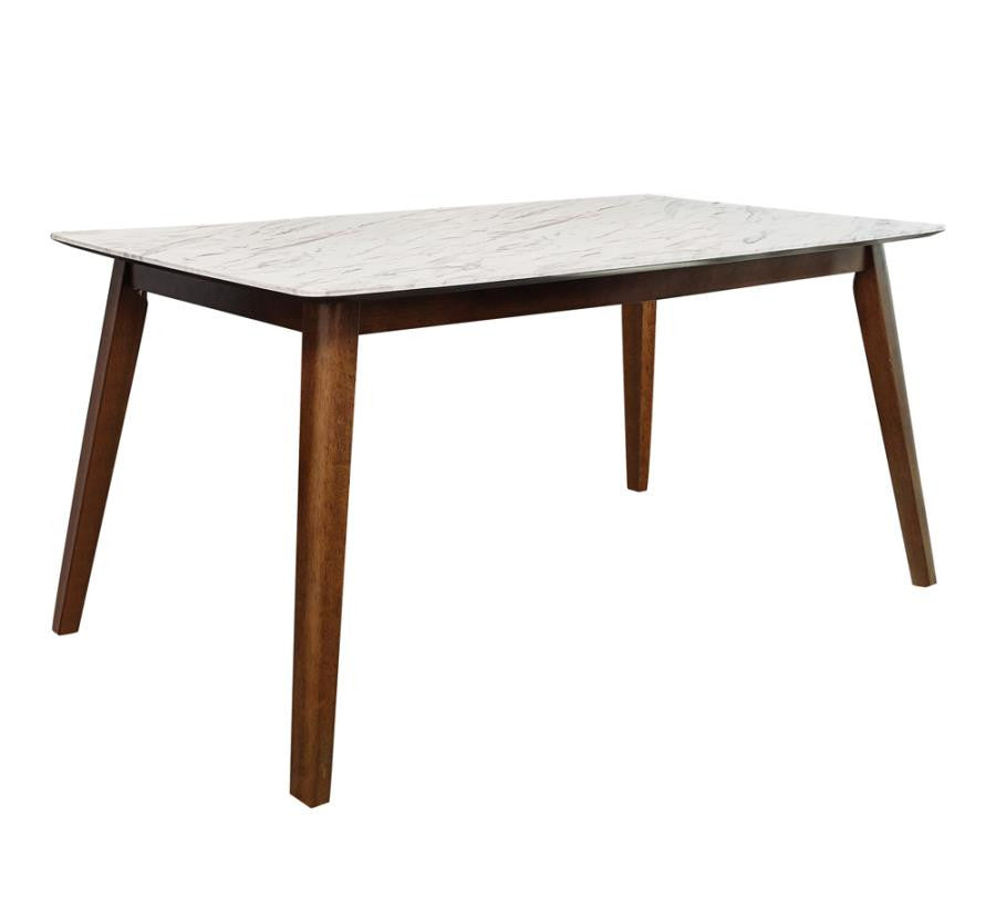 Everett Faux Marble Top Dining Table Natural Walnut and White β Sophisticated and Stylish Dining Elegance
