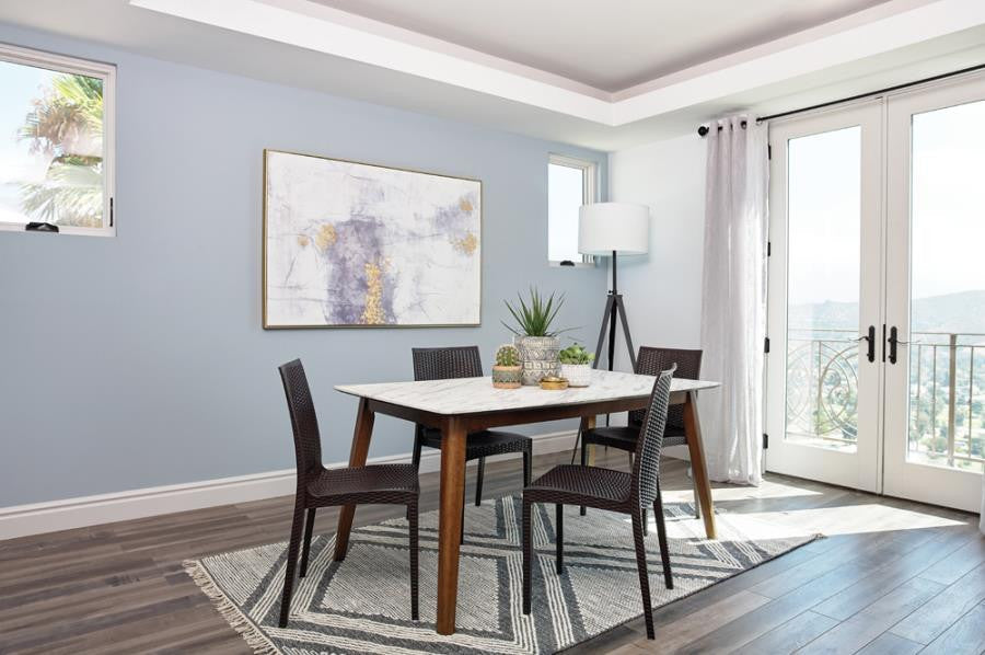 Everett Faux Marble Top Dining Table Natural Walnut and White β Sophisticated and Stylish Dining Elegance