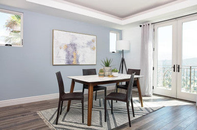 Everett Faux Marble Top Dining Table Natural Walnut and White β Sophisticated and Stylish Dining Elegance