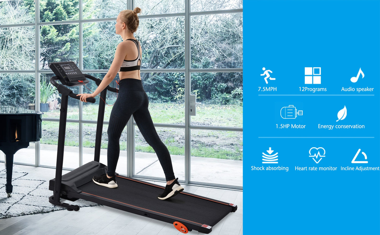 Akutes Electric Foldable Treadmill with Heart Pulse Monitor with Speaker & Incline Adjuster for Home Gym