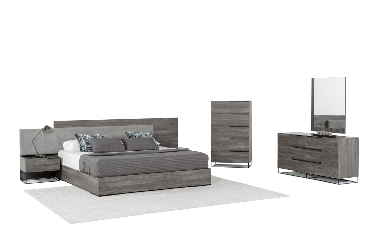 Modrest Enzo Italian Modern Grey Oak & Fabric Bed with Nightstands β Elegant Contemporary Bedroom Set - Stylish Design Furniture