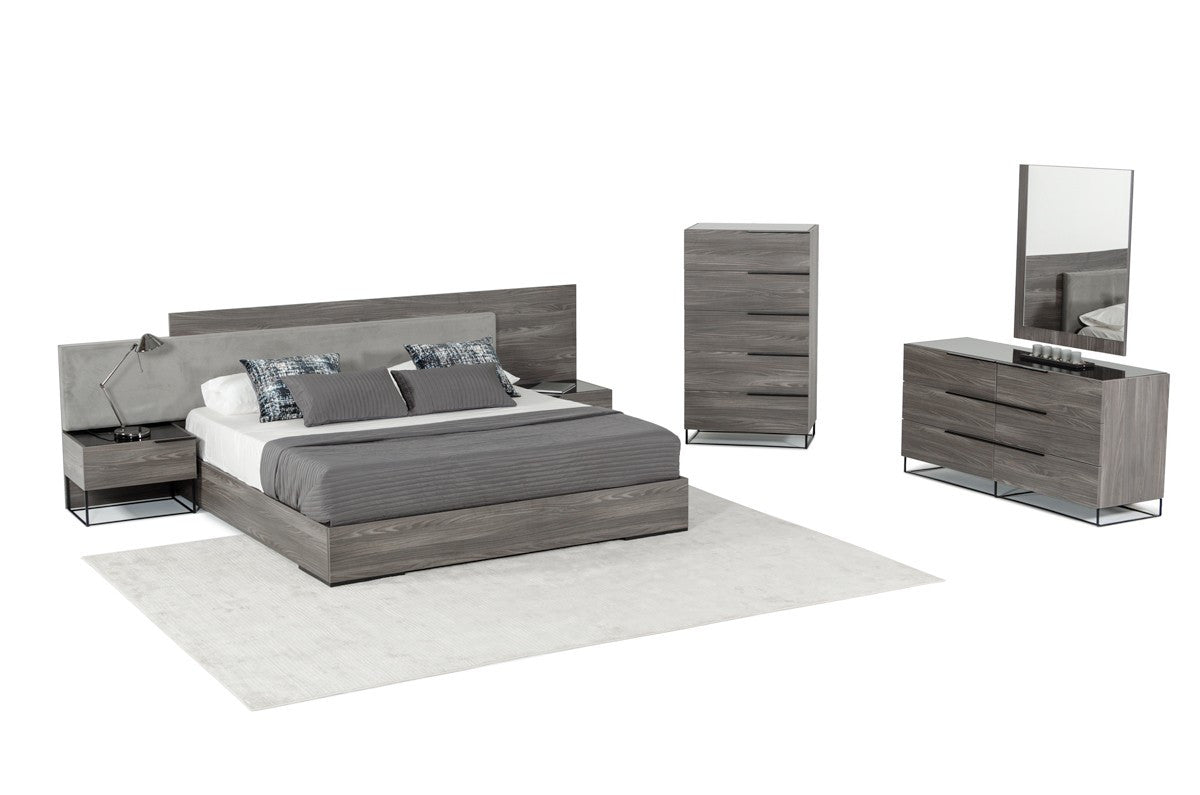 Modrest Enzo Italian Modern Grey Oak & Fabric Bed with Nightstands β Elegant Contemporary Bedroom Set - Stylish Design Furniture