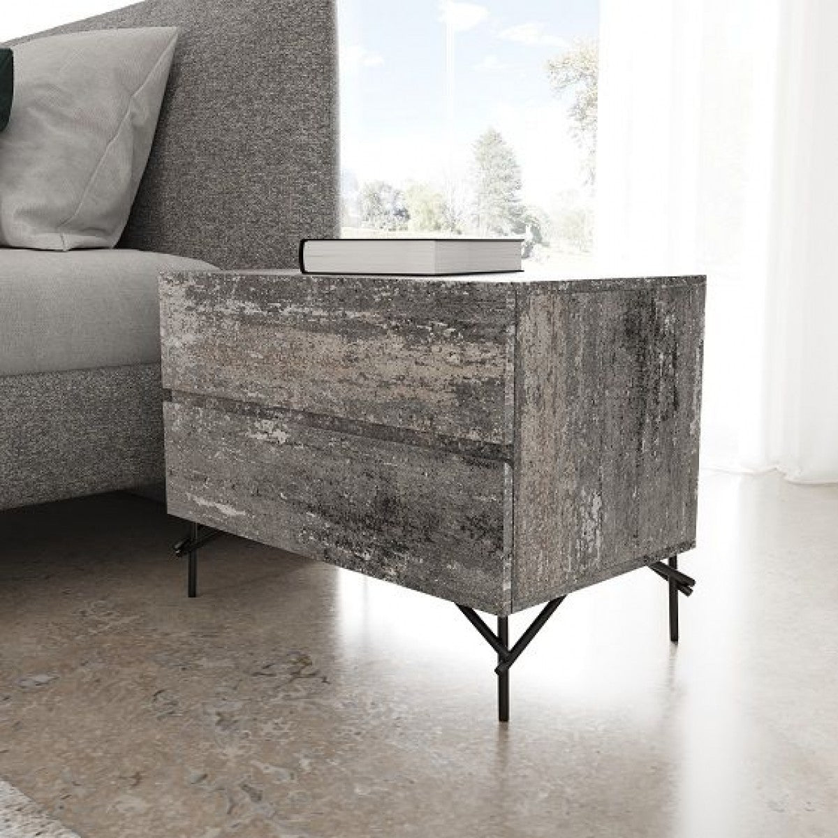 Nova Domus Aria - Italian Modern Multi Grey Bed and Two Nightstands - Stylish Design Furniture