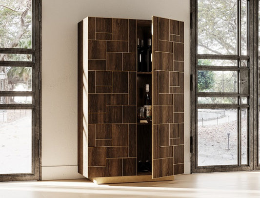 Modrest Auer- Brown Oak & Gold Wine Rack Cabinet - Stylish Design Furniture