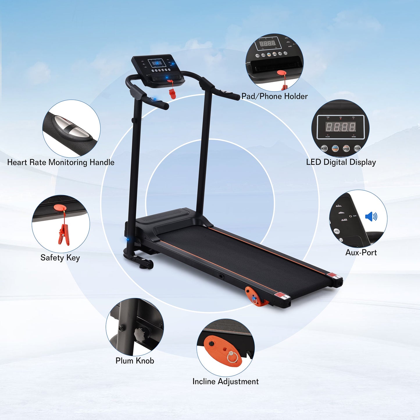 Akutes Electric Foldable Treadmill with Heart Pulse Monitor with Speaker & Incline Adjuster for Home Gym