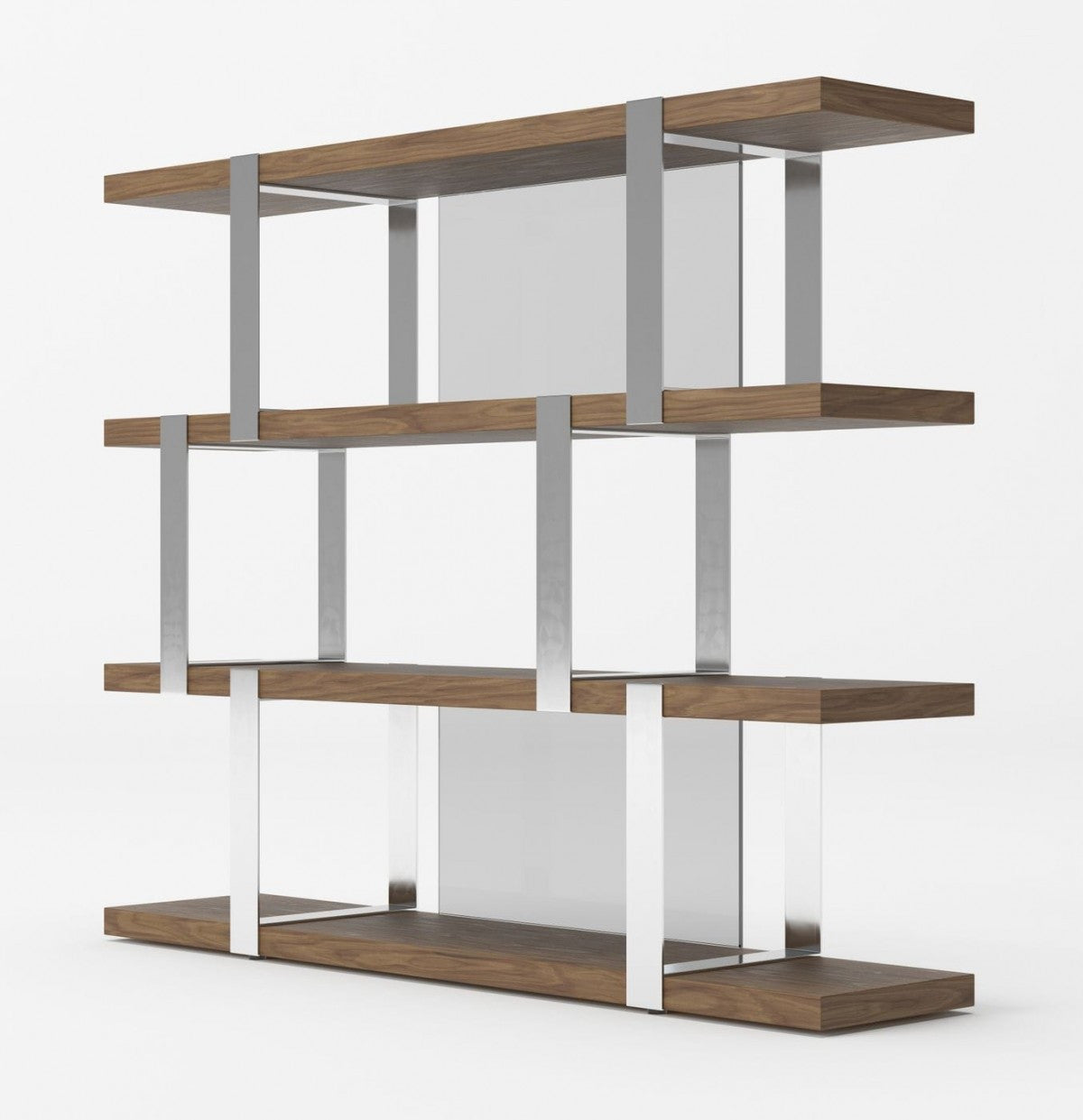 Modrest Brewer Modern Walnut Glass & Stainless Steel Bookshelf - Stylish Design Furniture
