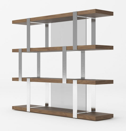 Modrest Brewer Modern Walnut Glass & Stainless Steel Bookshelf - Stylish Design Furniture