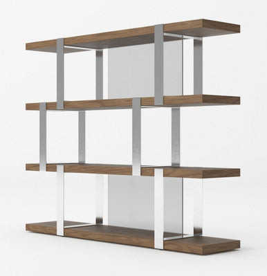 Modrest Brewer Modern Walnut Glass & Stainless Steel Bookshelf - Stylish Design Furniture