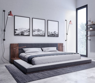 Nova Domus Jagger Modern Dark Grey & Walnut Bed β Contemporary Upholstered Platform Bed - Stylish Design Furniture