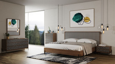 Nova Domus Metcalf - Mid-Century Walnut & Grey Bed w/ Two Nightstands - Stylish Design Furniture