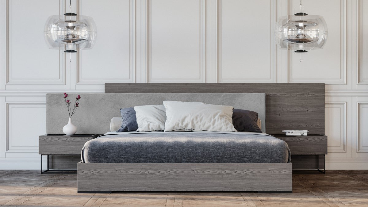 Modrest Enzo Italian Modern Grey Oak & Fabric Bed with Nightstands β Elegant Contemporary Bedroom Set - Stylish Design Furniture