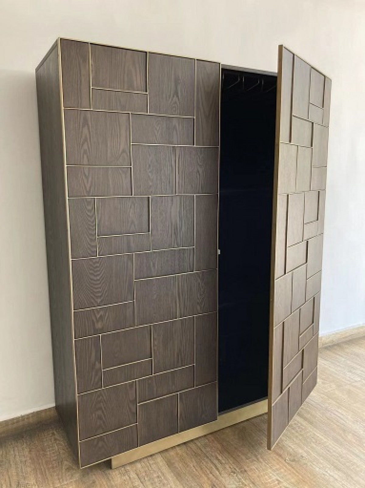 Modrest Auer- Brown Oak & Gold Wine Rack Cabinet