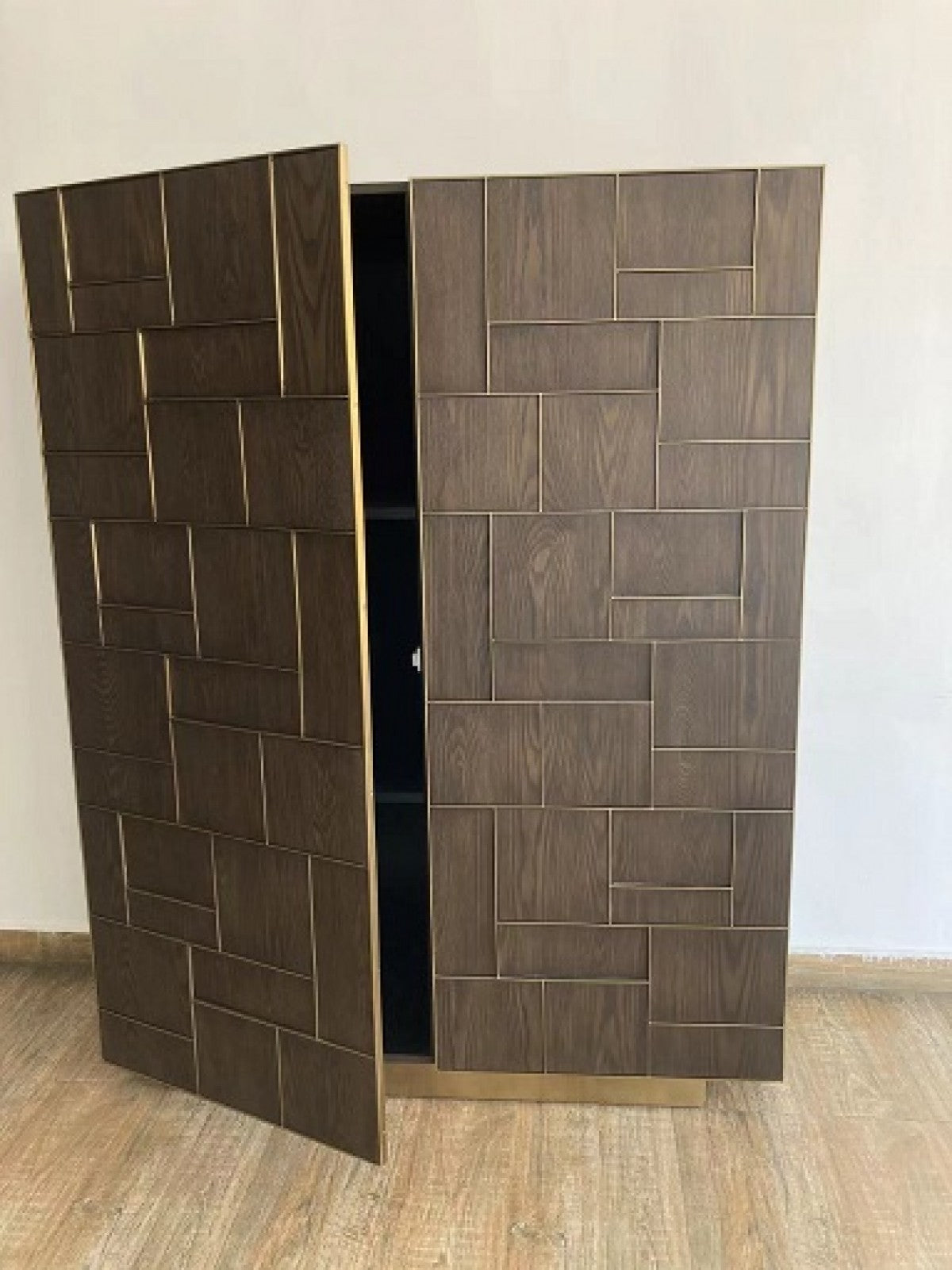 Modrest Auer- Brown Oak & Gold Wine Rack Cabinet
