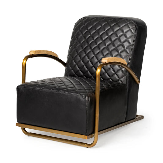 Horace Leather Accent Chair – Premium Black Leather Seating with Diamond Stitch Detailing & Antique Gold Iron Frame for a Sophisticated Look