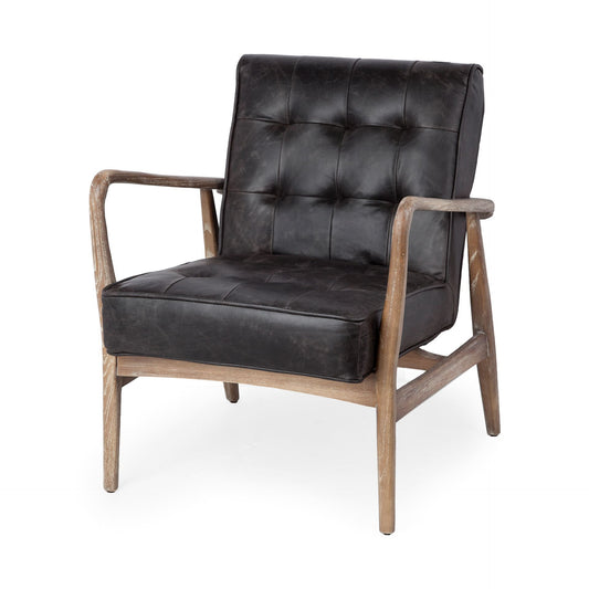 Phineas Leather Accent Chair – Black Upholstery with Brown Wood Frame