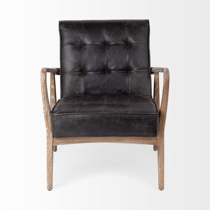 Phineas Black Leather with Brown Wooden Frame Accent Chair