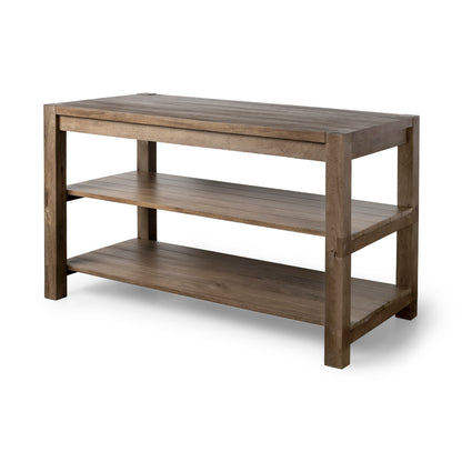 Emeril Brown Kitchen Island – Solid Wood Two-Tier Design with Smooth Countertop