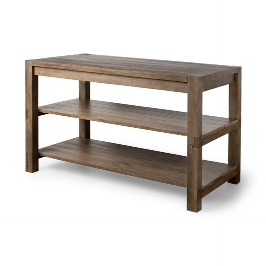 Emeril Brown Kitchen Island – Solid Wood Two-Tier Design with Smooth Countertop