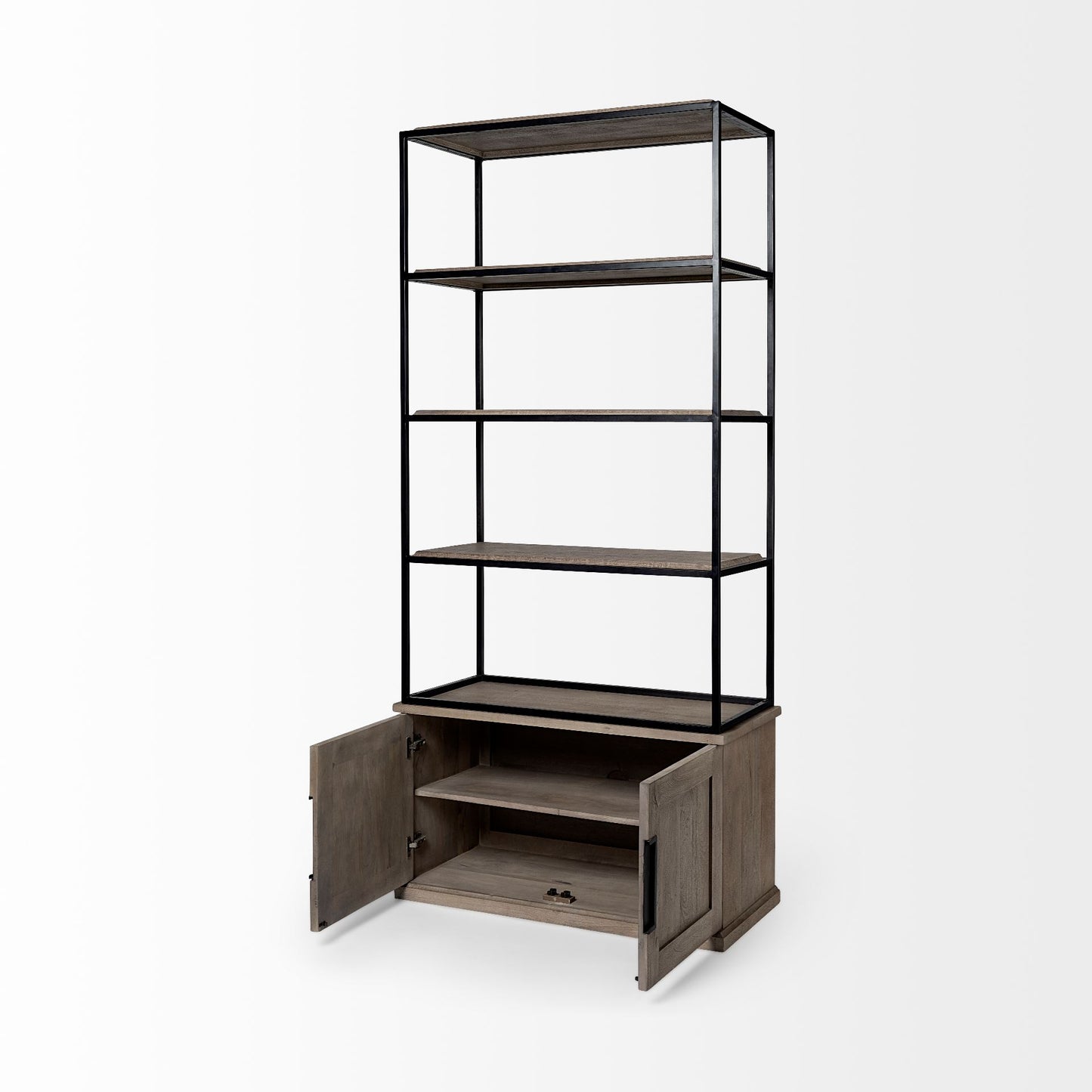 Braxton II Light Brown Wood & Iron 3-Shelf Shelving Unit – Industrial Style