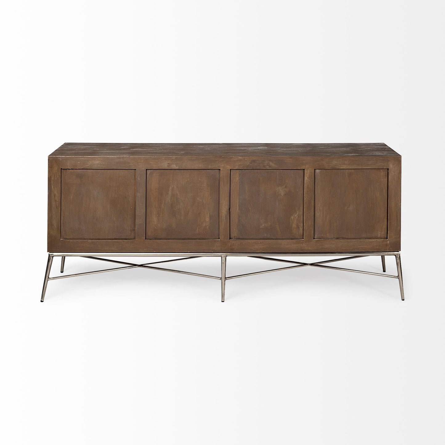 Swordfish Two-Tone Brown Wood Cabinet Silver Metal Base 4 Cabinet Door Sideboard