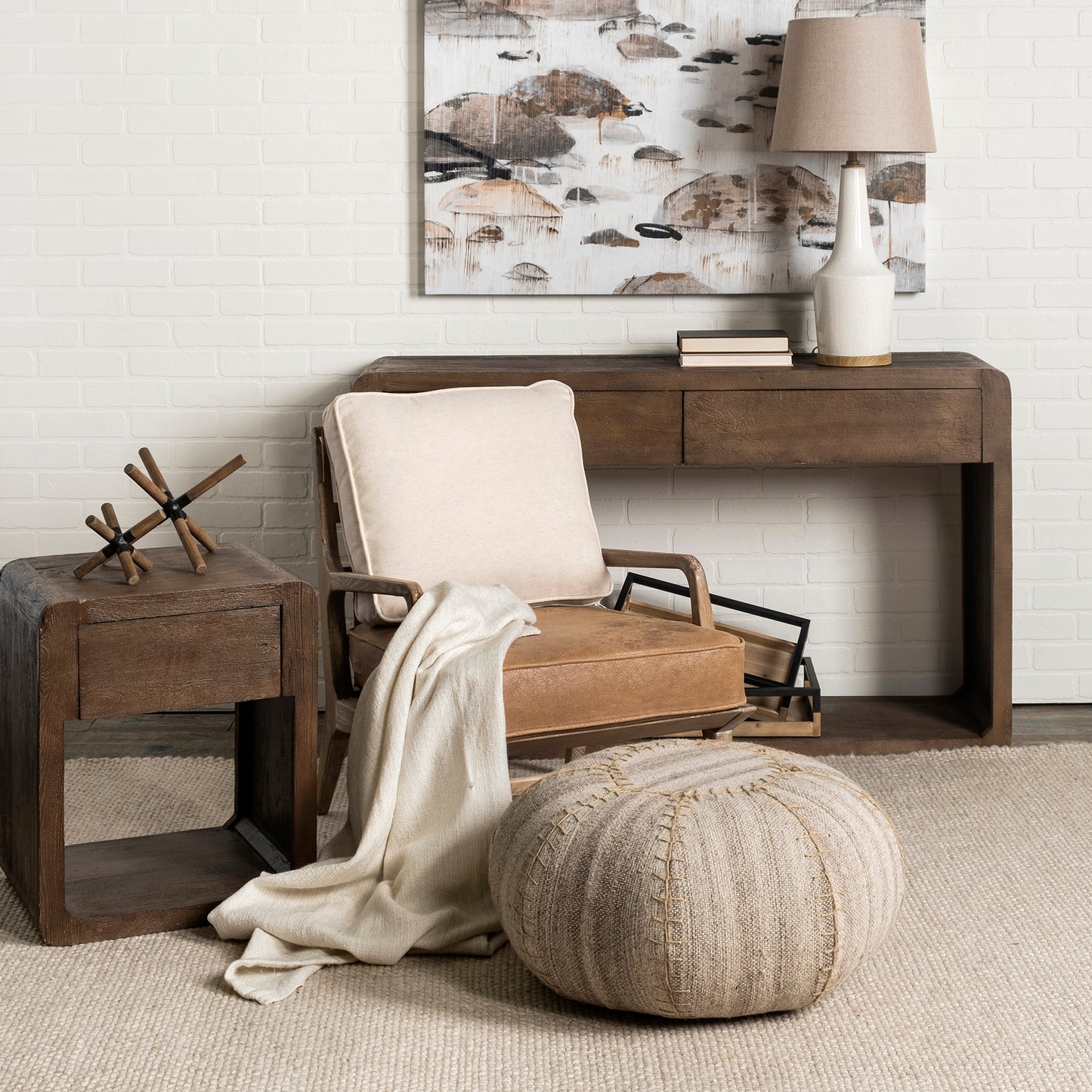 Harman Cream Fabric Accent Chair with Brown Leather Seat – Contemporary Seating