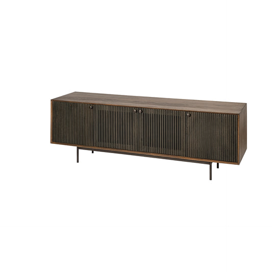 Grace I Two-Toned Brown Solid Wood TV Stand Media Console with Slatted Doors - Stylish Design for Modern Living Rooms and Entertainment Spaces