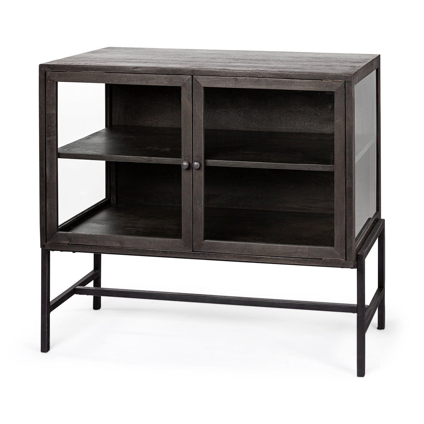 Arelius Medium Brown Wood Accent Cabinet – Glass Doors & Black Metal Base