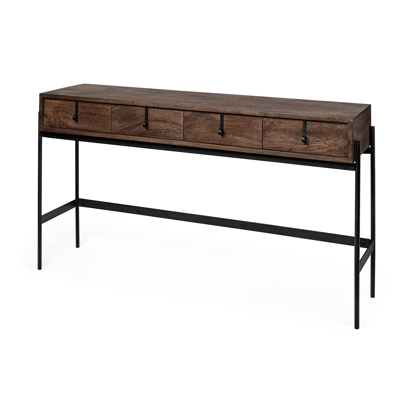 Glenn III Dark Brown Wood w/ Black Iron Frame, 4 Drawer Console Table