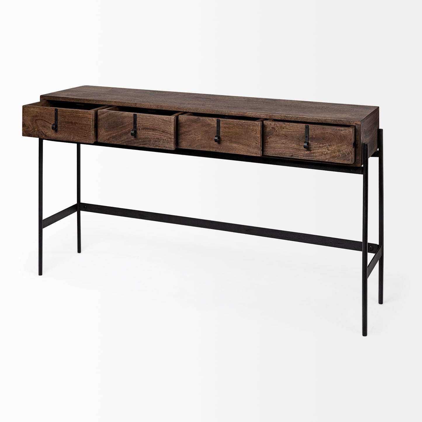 Glenn III Dark Brown Wood w/ Black Iron Frame, 4 Drawer Console Table