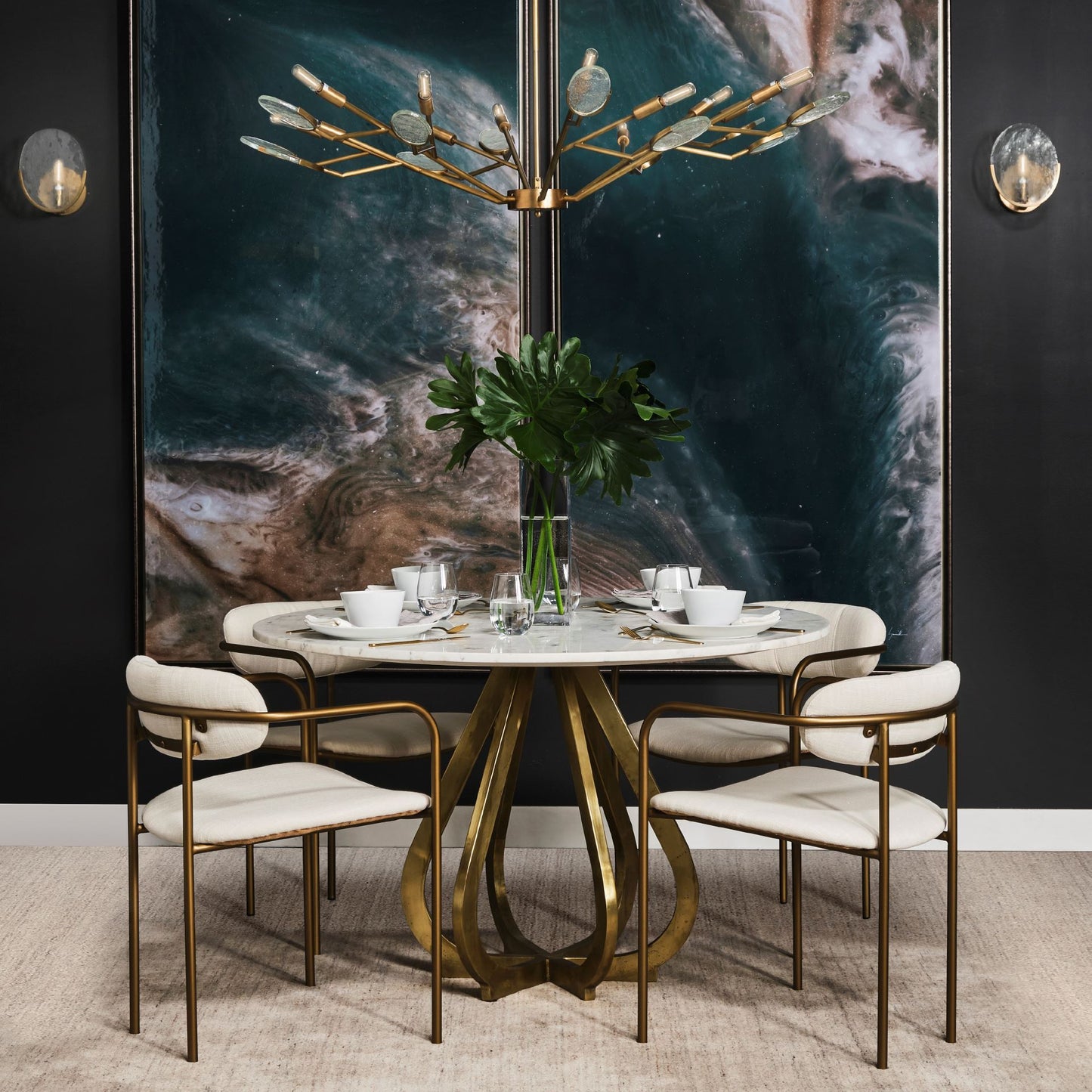 Laurent 48" Marble Top Dining Table with Gold Metal Base for a Luxurious and Modern Dining Experience