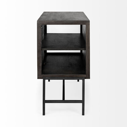 Arelius Medium Brown Wood Accent Cabinet – Glass Doors & Black Metal Base