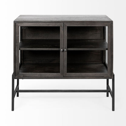 Arelius Medium Brown Wood Accent Cabinet – Glass Doors & Black Metal Base