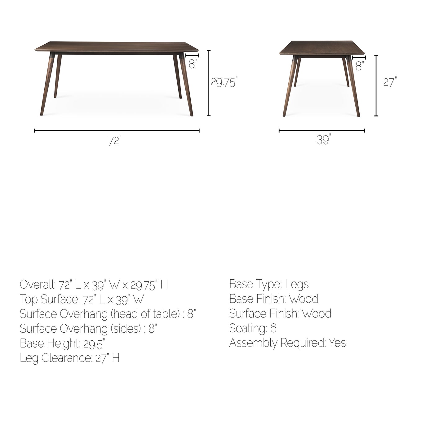 Nicholas II 72x39 Brown Solid Wood Dining Table with Metal and Wood Legs