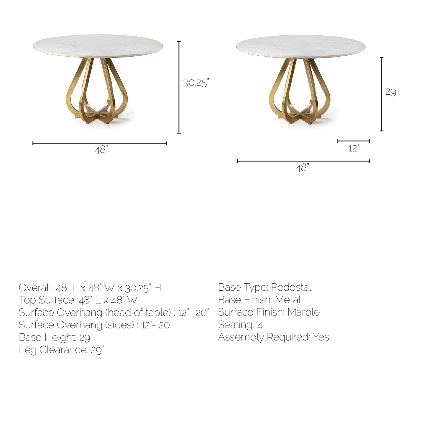 Laurent 48" Marble Top Dining Table with Gold Metal Base for a Luxurious and Modern Dining Experience