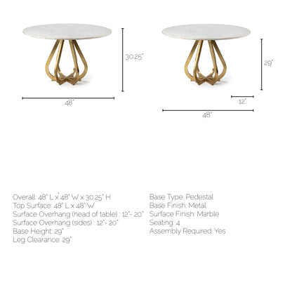 Laurent 48" Marble Top Dining Table with Gold Metal Base for a Luxurious and Modern Dining Experience